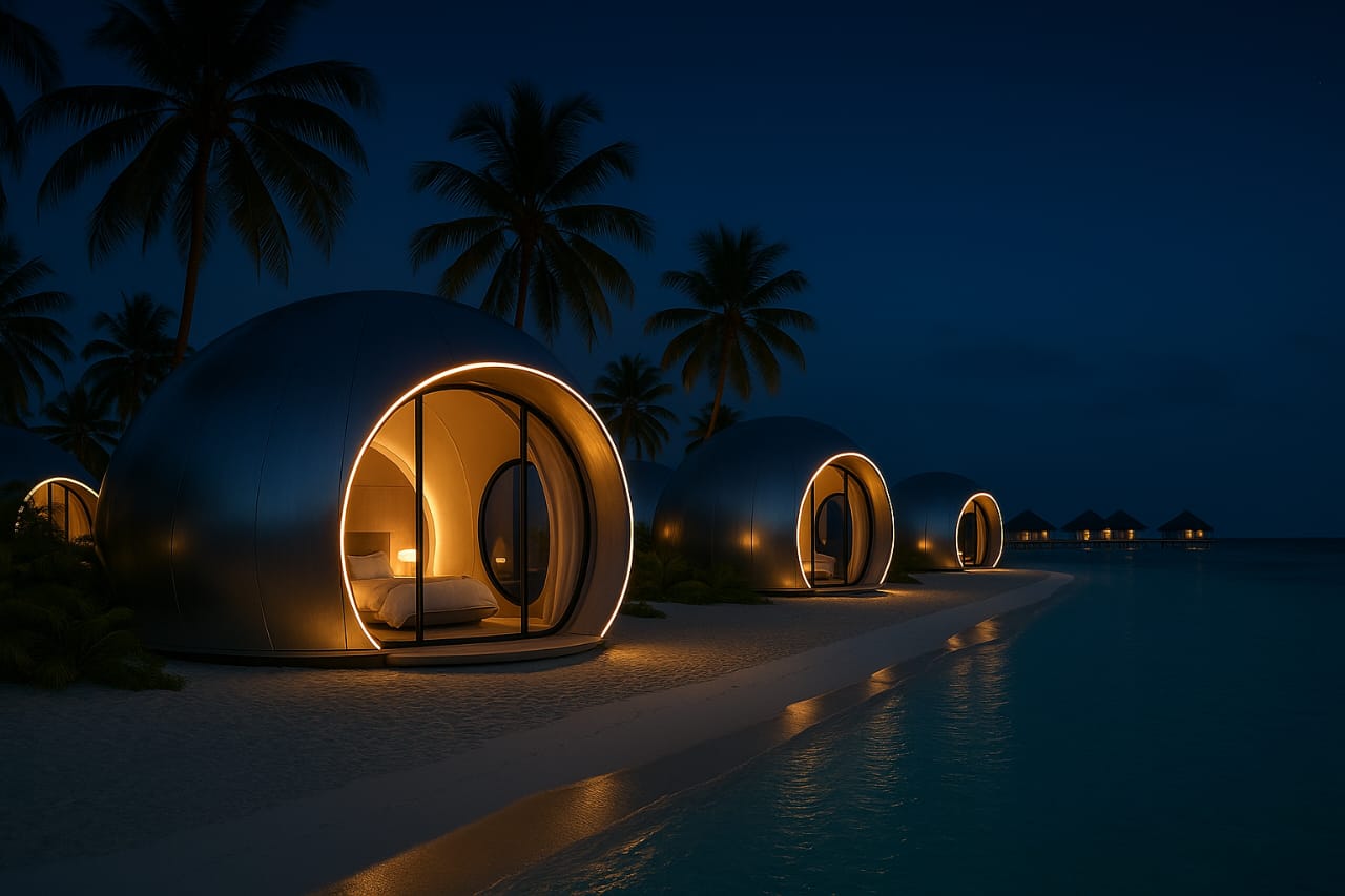 Nighttime island architecture surrounded by palm trees