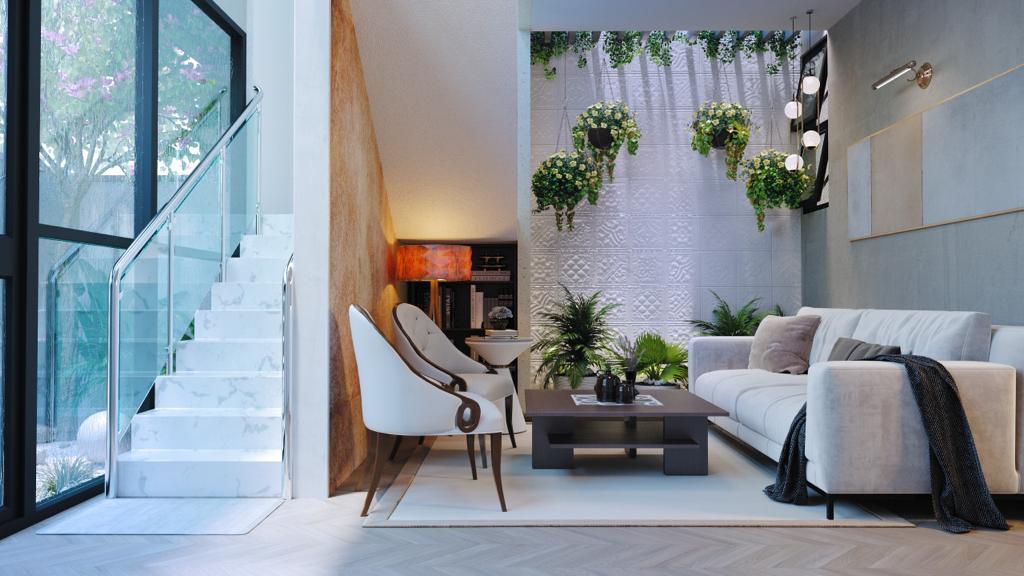 Light-filled living room with indoor planting