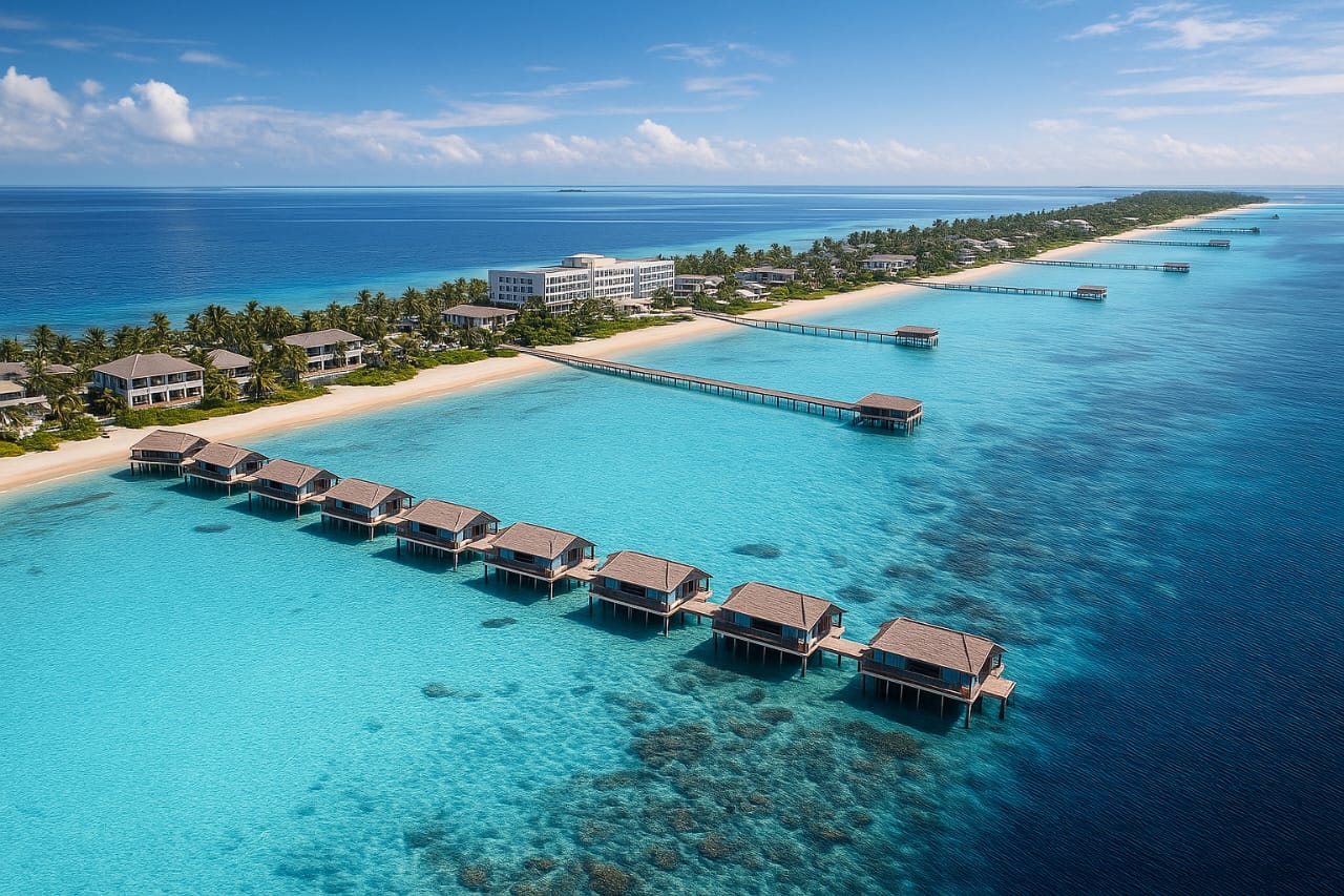 Aerial view of a Maldivian island resort